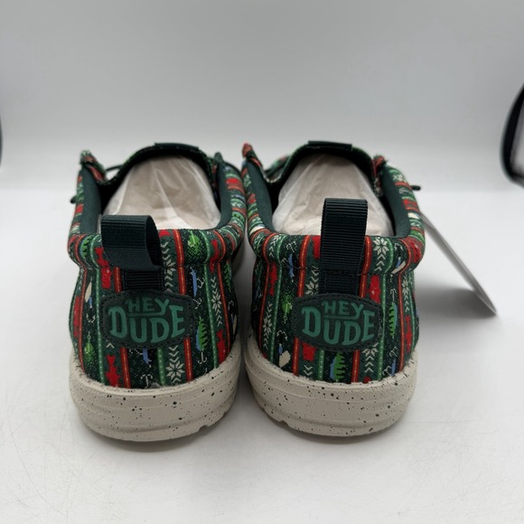 Hey Dude Wally Fishmas Sweater Shoes Mens Sz 10 Pine Green/Red Christmas Slip On main image 9